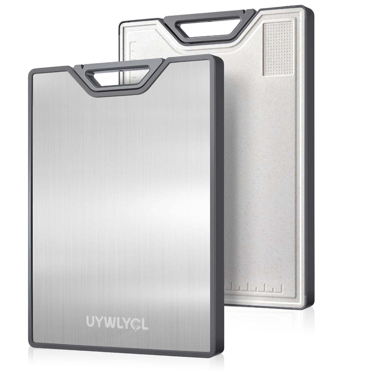 UYWLYCL stainless steel cutting board top view showing dual-surface versatility for meat and produce.