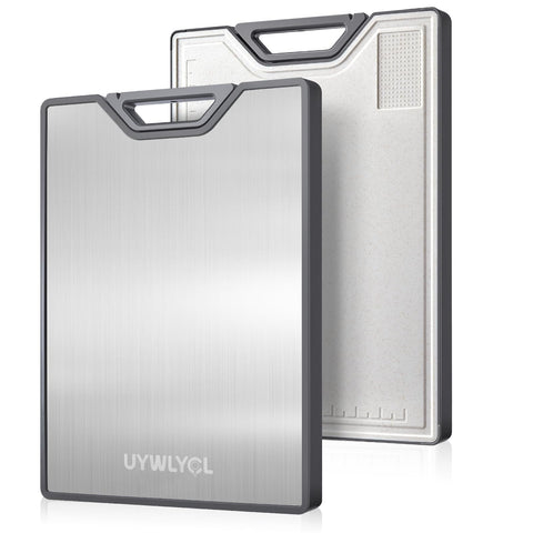 UYWLYCL stainless steel cutting board top view showing dual-surface versatility for meat and produce.