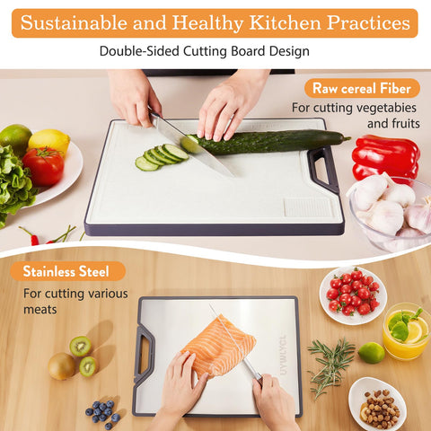 UYWLYCL stainless steel side for proteins and wheat straw surface for fruits and herbs.