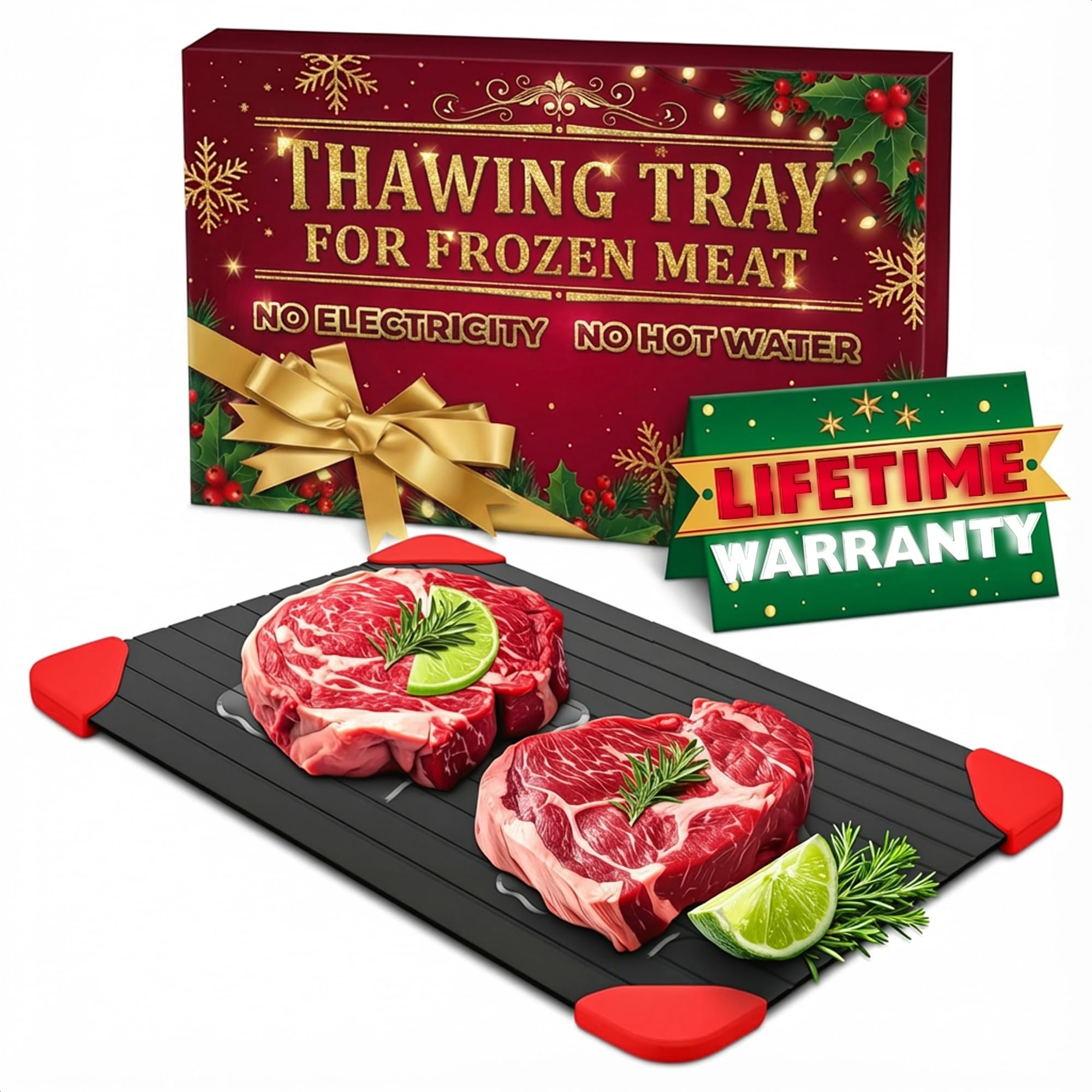 V TOWER defrosting tray with a large 14x8 surface for quick thawing of frozen meat.