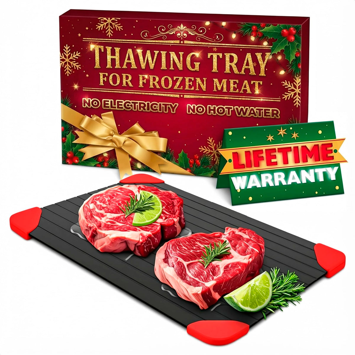 V TOWER defrosting tray with a large 14x8 surface for quick thawing of frozen meat.