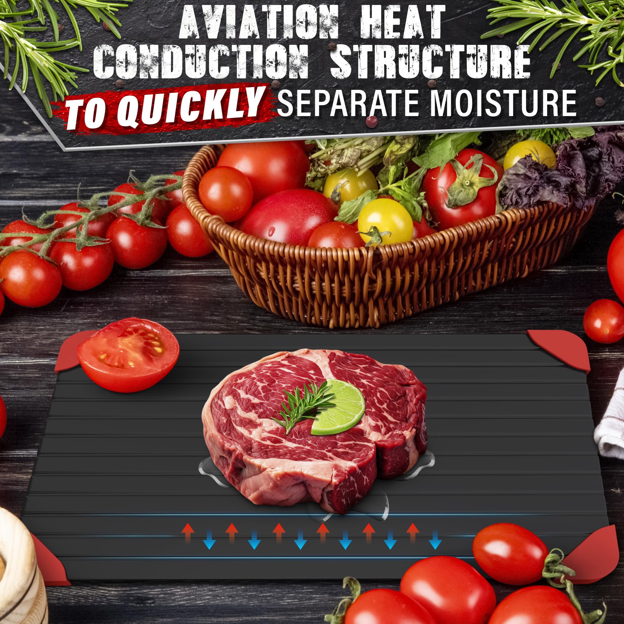 V TOWER defrosting tray handles fish, chicken, beef, and vegetables for fast defrost.