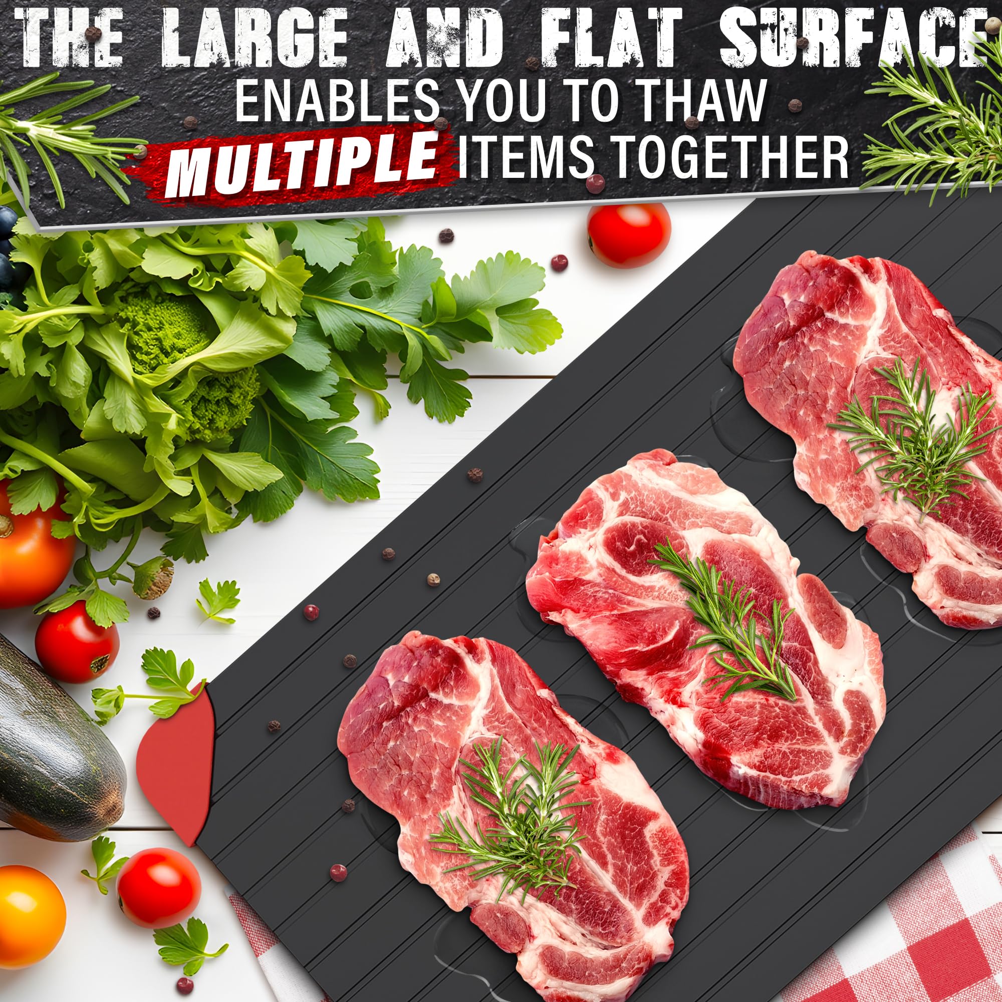 V TOWER defrosting tray's large surface can thaw multiple items at once.