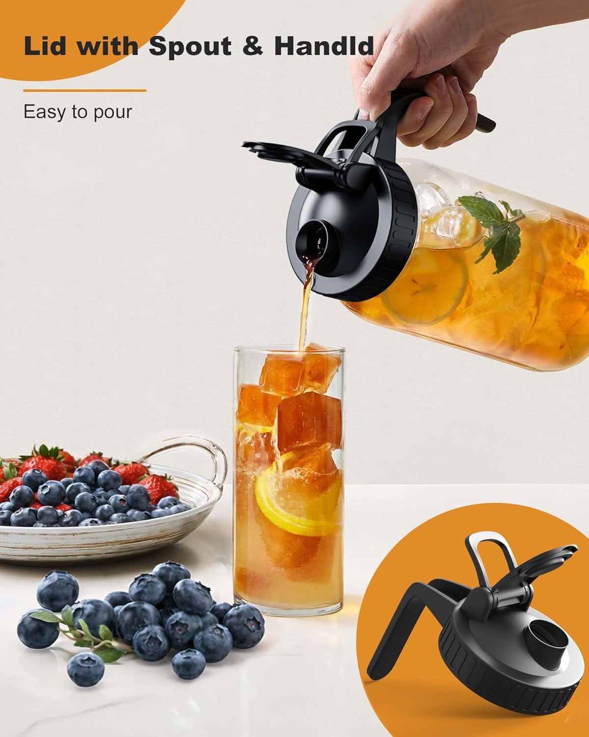 VA1KENE mason pitcher ergonomic handle for comfortable pouring.