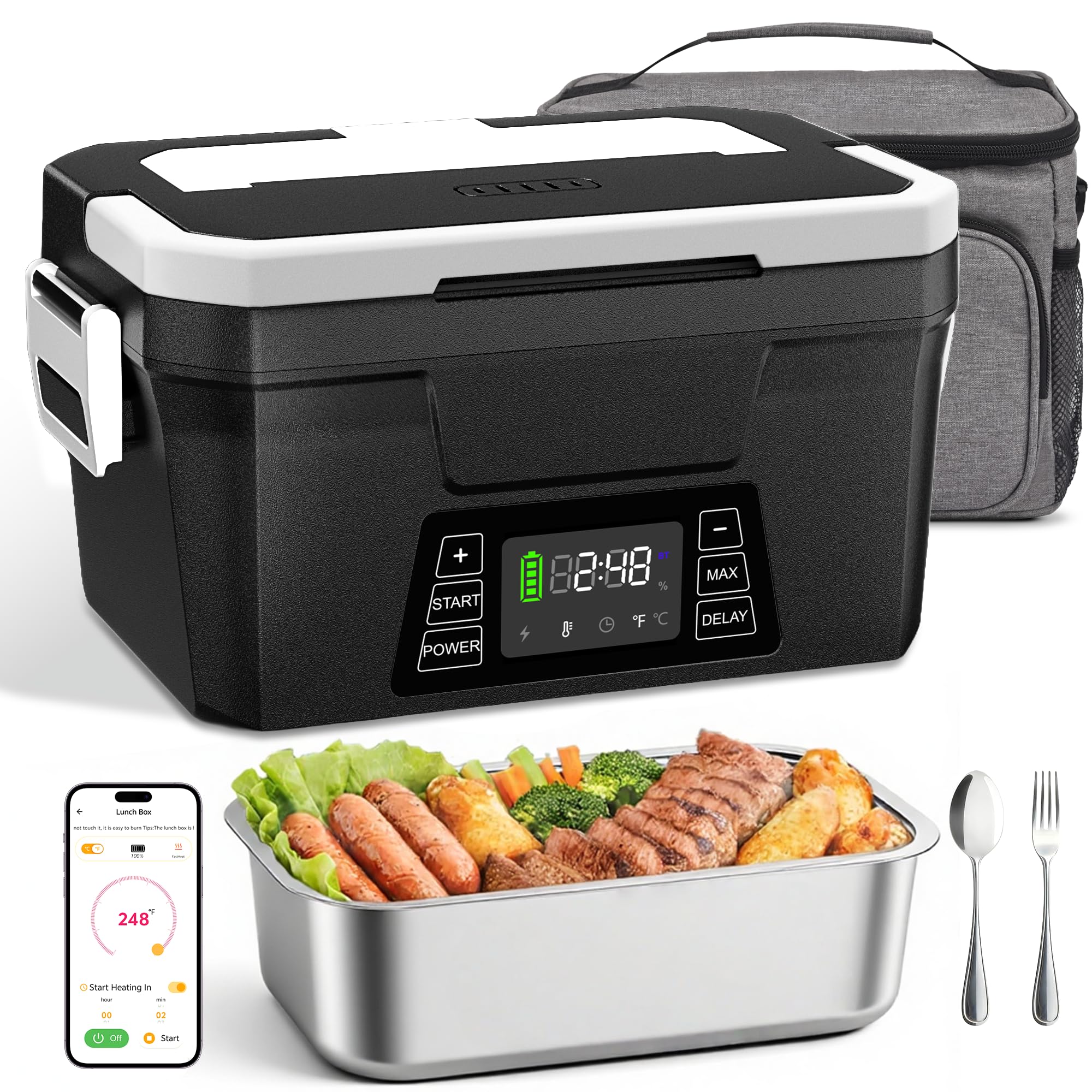 Vabaso cordless heated lunch box in use for hot office meals.