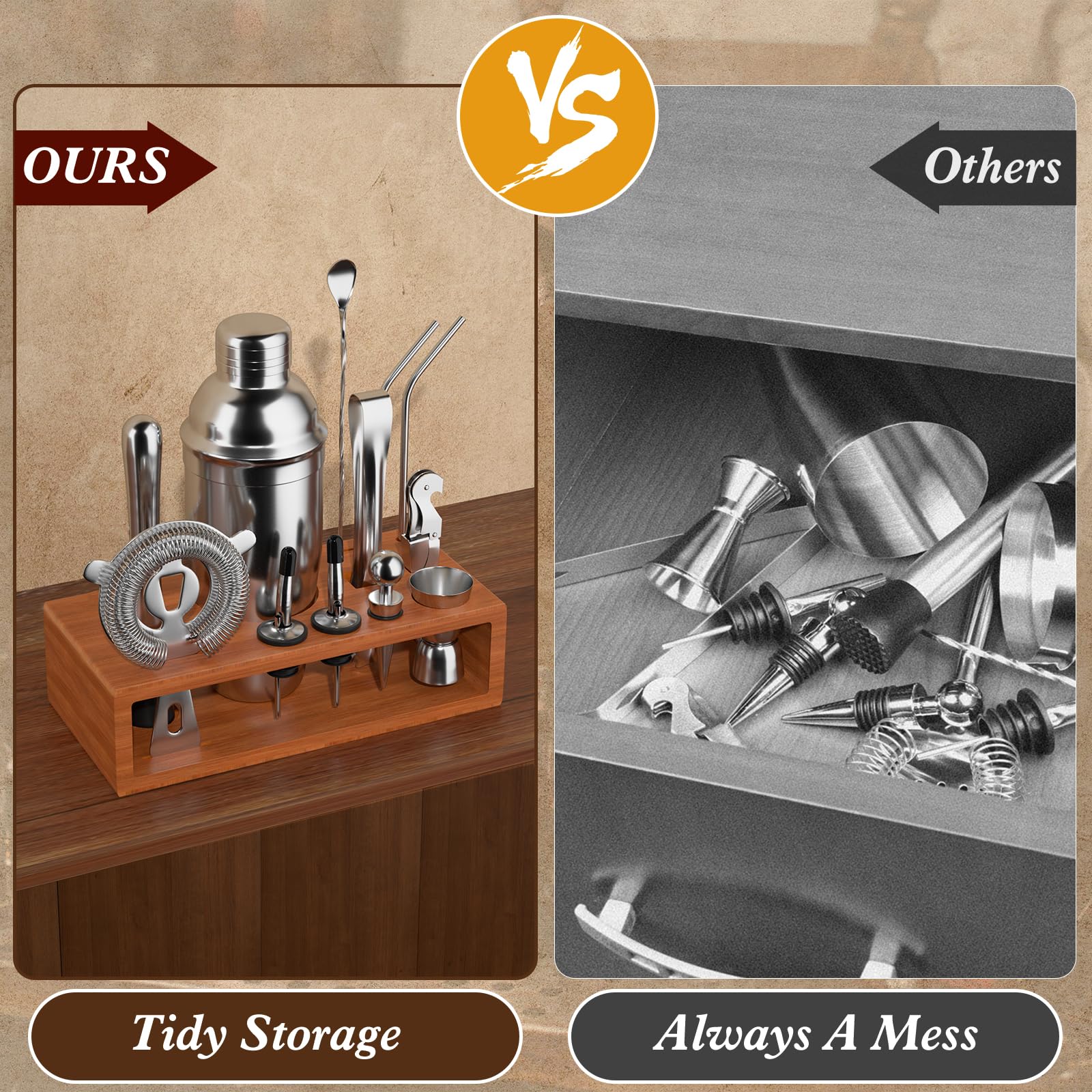 Vabaso liquor pourers provide controlled pours and tidy bar setup.