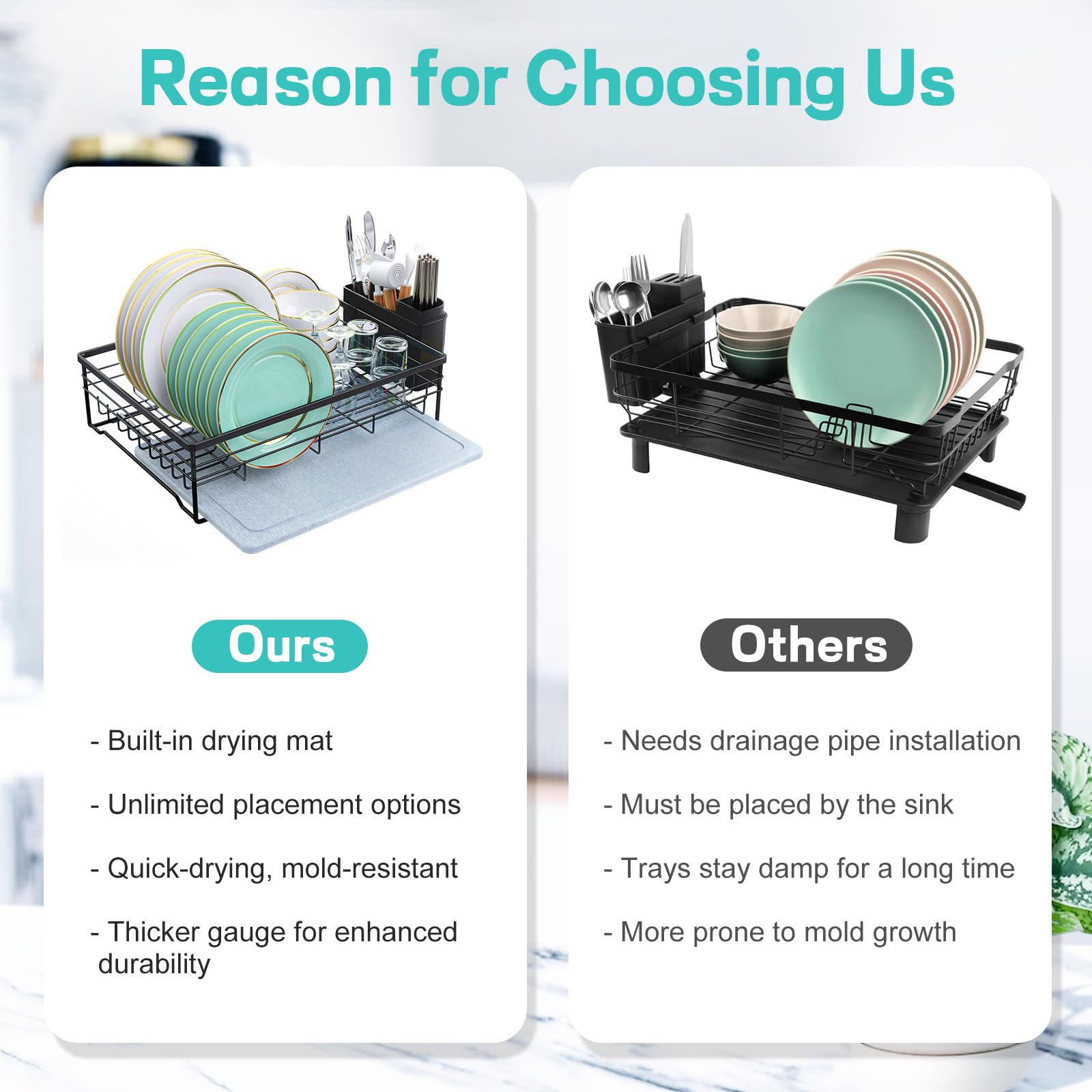 VABNEER dish drying rack counter-setup demonstrates space-saving design.