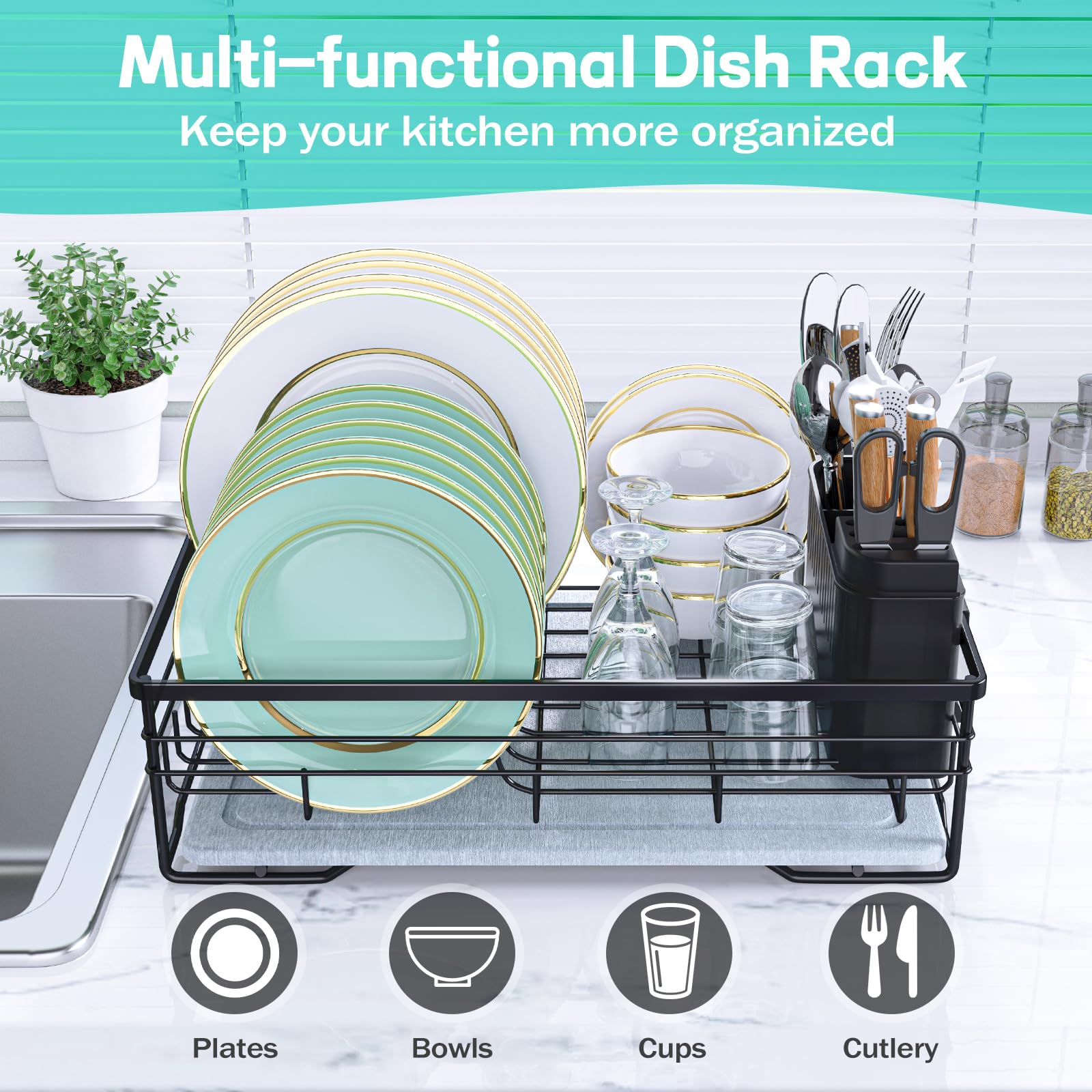 VABNEER dish drying rack side-view shows compact profile for small kitchens.