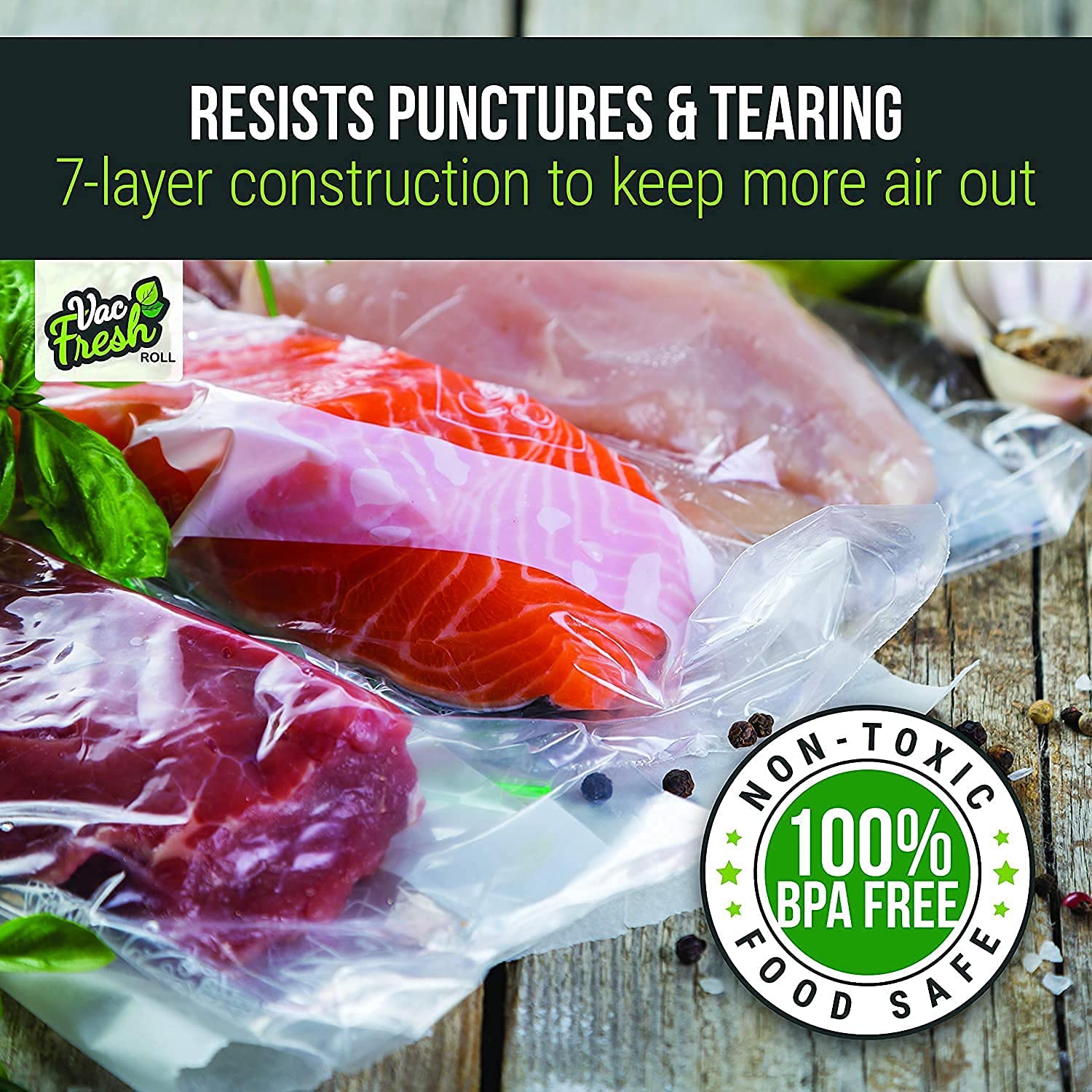 Vac-Fresh Roll freezer-storage bags stored for long-term freezing.