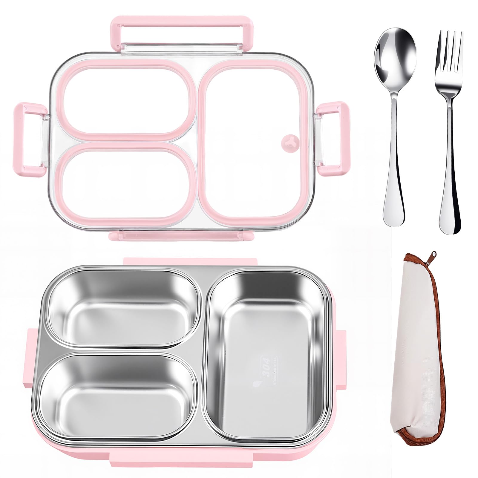 VACAID 25oz pink lunch kit with three-compartment bento for organized meals