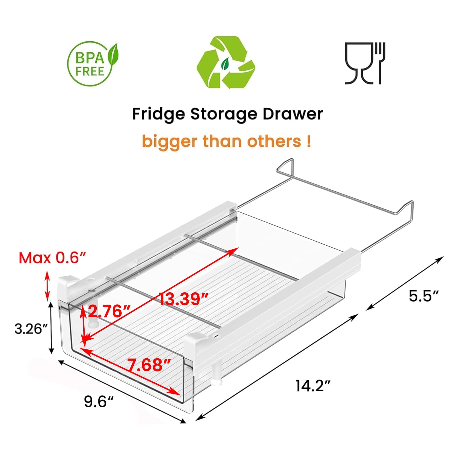 Vacane pull-out fridge organizer bin for easy access to snacks and deli items.