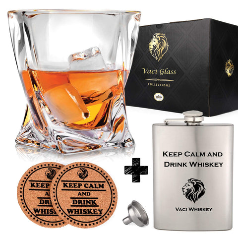VACI GLASS stainless steel flask complements the whiskey glass set for portable sipping