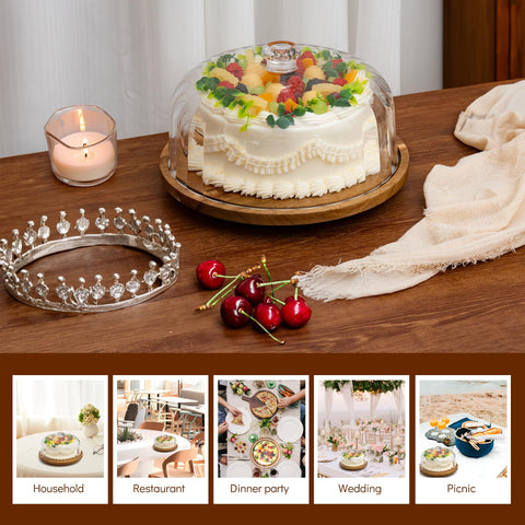 Vacream acacia wood cake stand highlights natural grain and sturdiness.