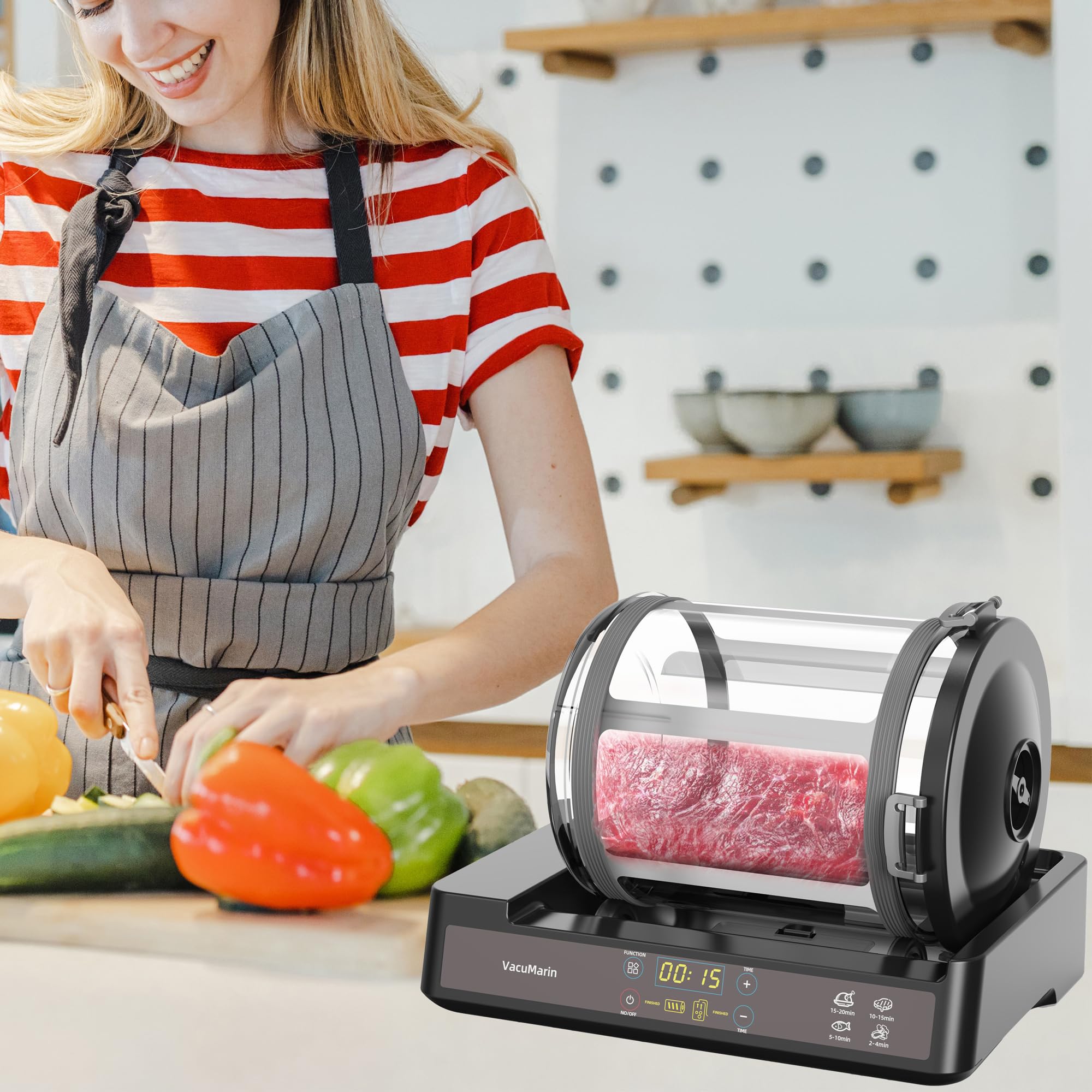 VacuMarin vacuum rotation base evenly distributes marinade through thicker cuts.