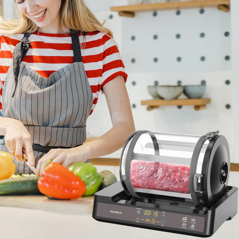 VacuMarin vacuum rotation base evenly distributes marinade through thicker cuts.
