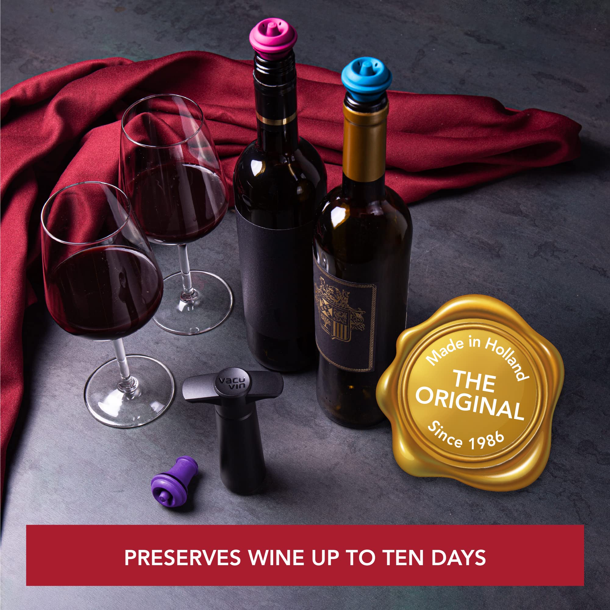 Vacu Vin stopper inside bottle demonstrates airtight seal for aroma retention