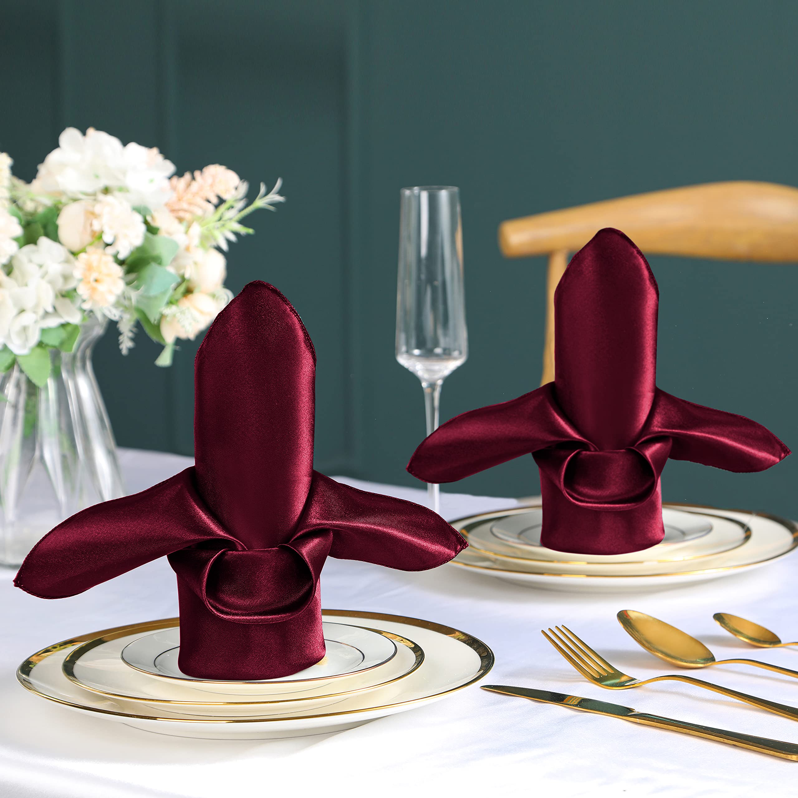 VACVELT Burgundy satin napkins arranged on a table with 17x17 squares.