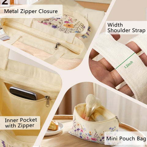 VADOO tote includes a small attached zip pouch for cosmetics and supplies.