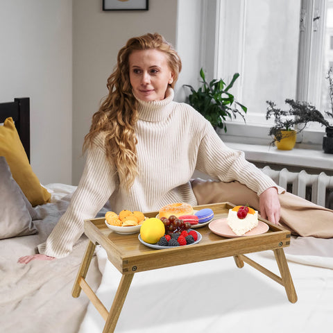 VaeFae Acacia Bed Tray folds compact for easy storage