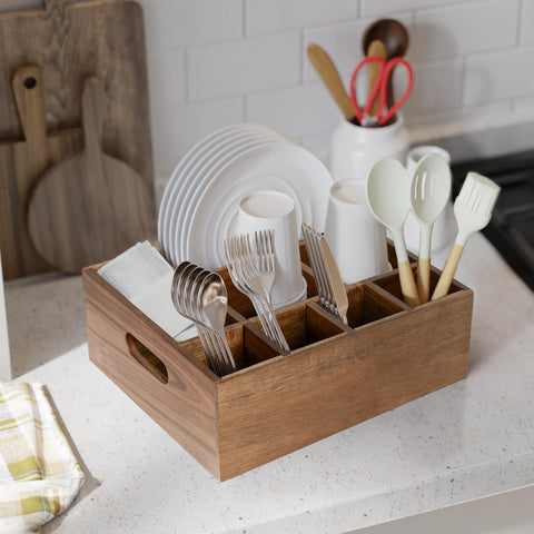 VaeFae Acacia Wood Caddy with built-in handles for easy transport.