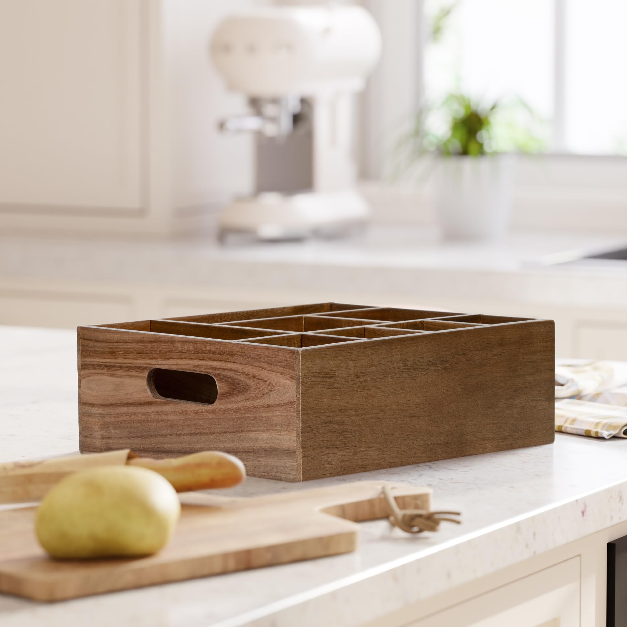 VaeFae Acacia Wood Caddy for camping keeps essentials organized.