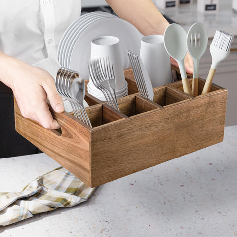 VaeFae Acacia Wood Caddy on kitchen counter adds rustic charm.