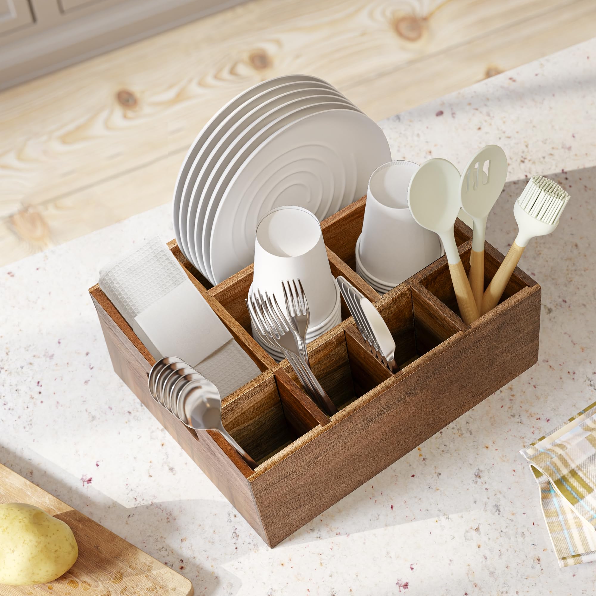 VaeFae Acacia Wood Caddy Utensil Slots organize forks and spoons neatly.