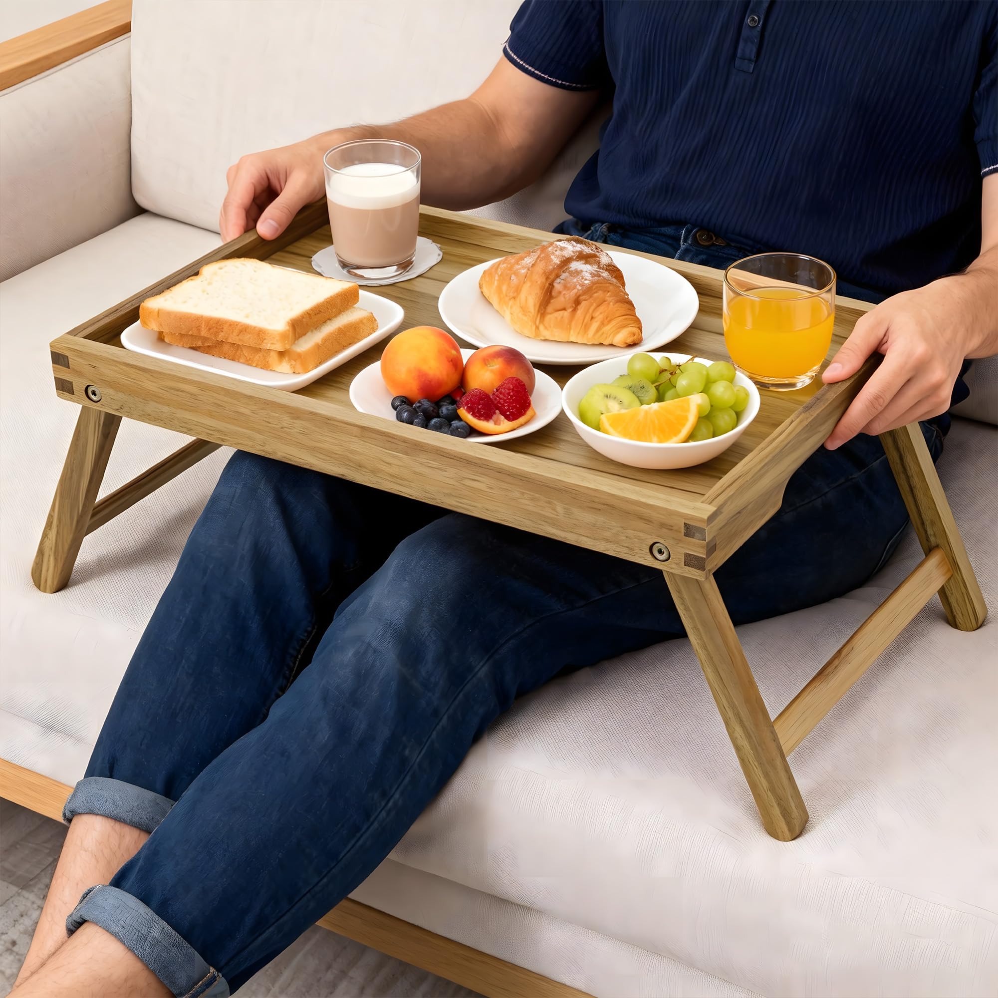 VaeFae Acacia bed tray folds for compact storage when not in use.
