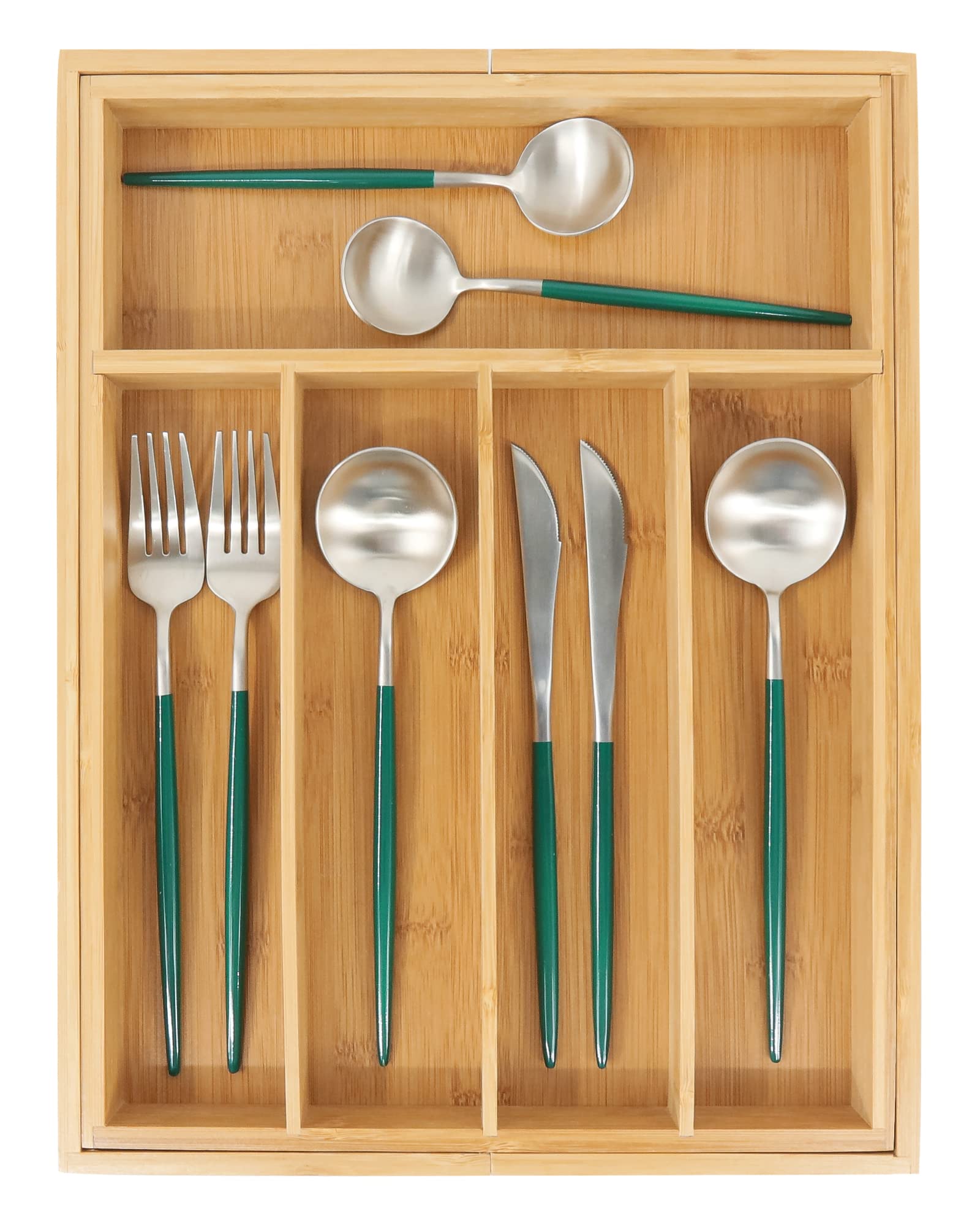 VaeFae bamboo drawer organizer with 5-7 compartments to separate utensils