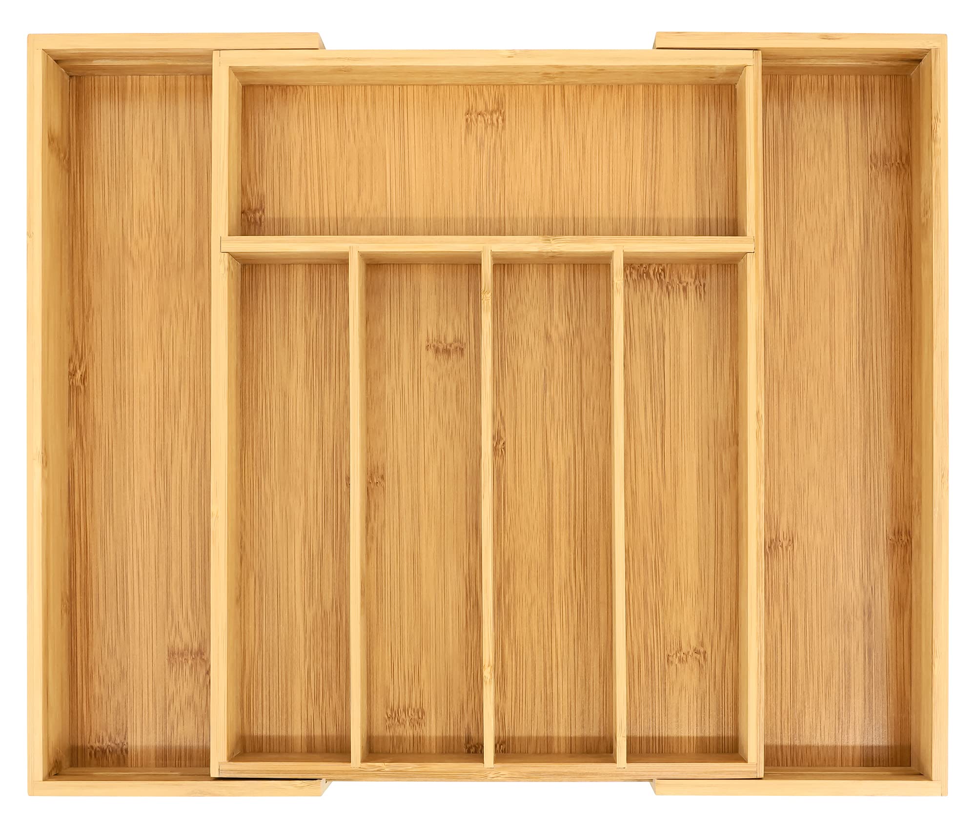 VaeFae bamboo drawer organizer expanded tray demonstrates adjustable width for different drawers