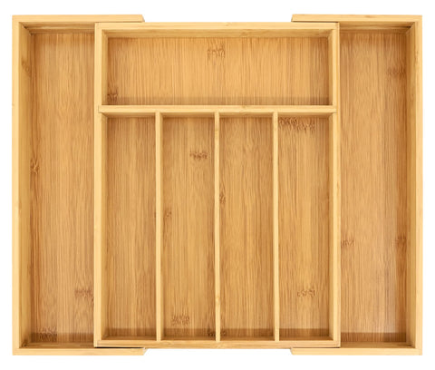 VaeFae bamboo drawer organizer expanded tray demonstrates adjustable width for different drawers
