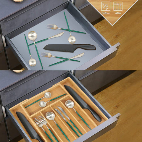 VaeFae expandable drawer organizer side profile shows extended width option
