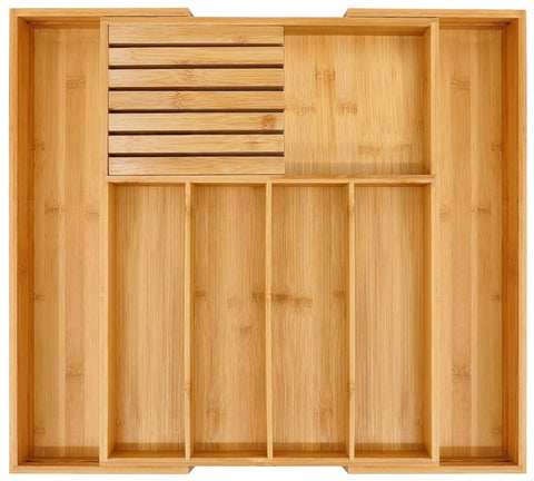 VaeFae bamboo expandable drawer organizer overview keeps utensils neatly arranged and accessible