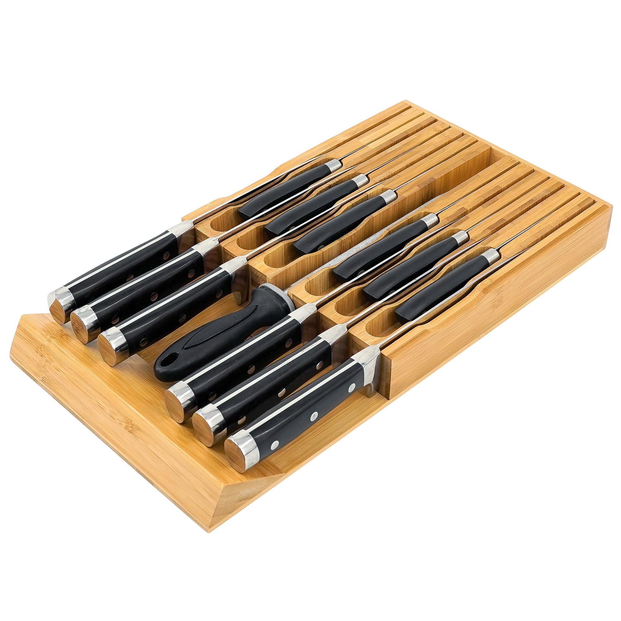 VaeFae bamboo knife drawer organizer with 12-slot layout for neat knife storage.