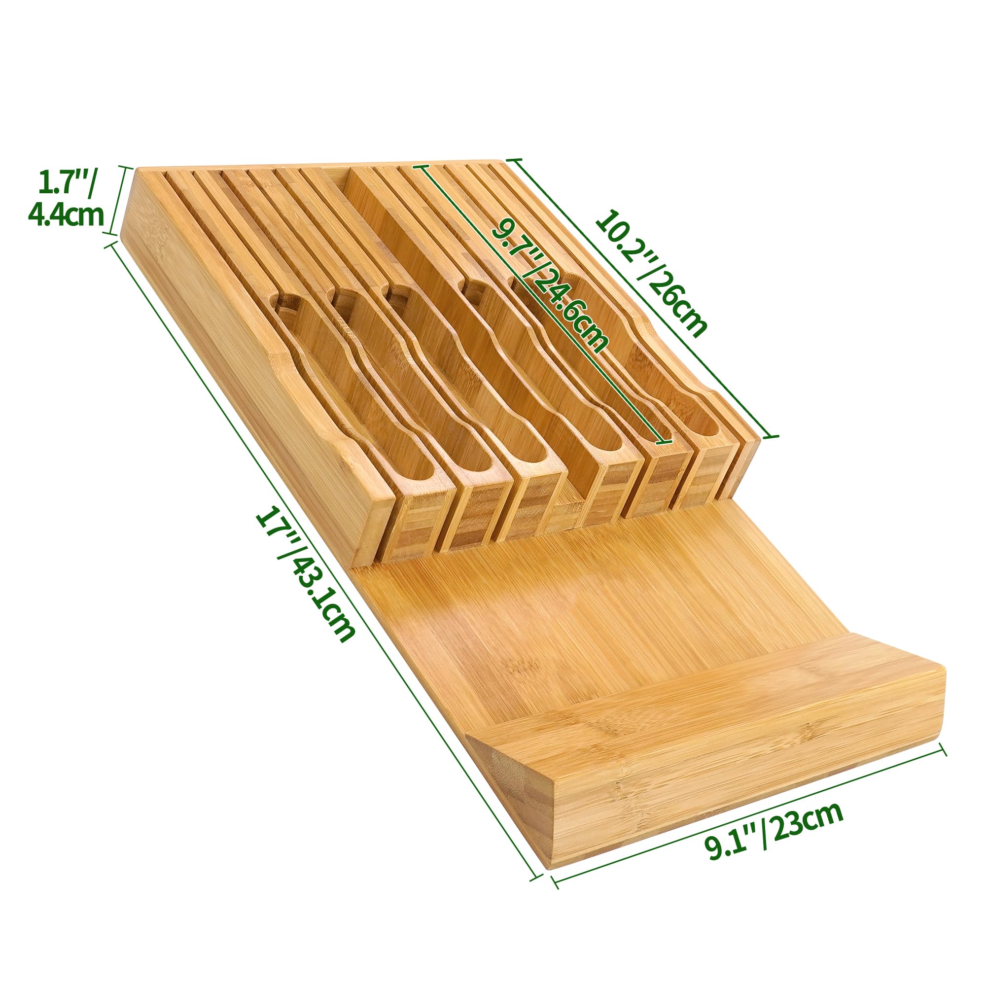 VaeFae bamboo organizer fits most standard drawers, keeping knives accessible.