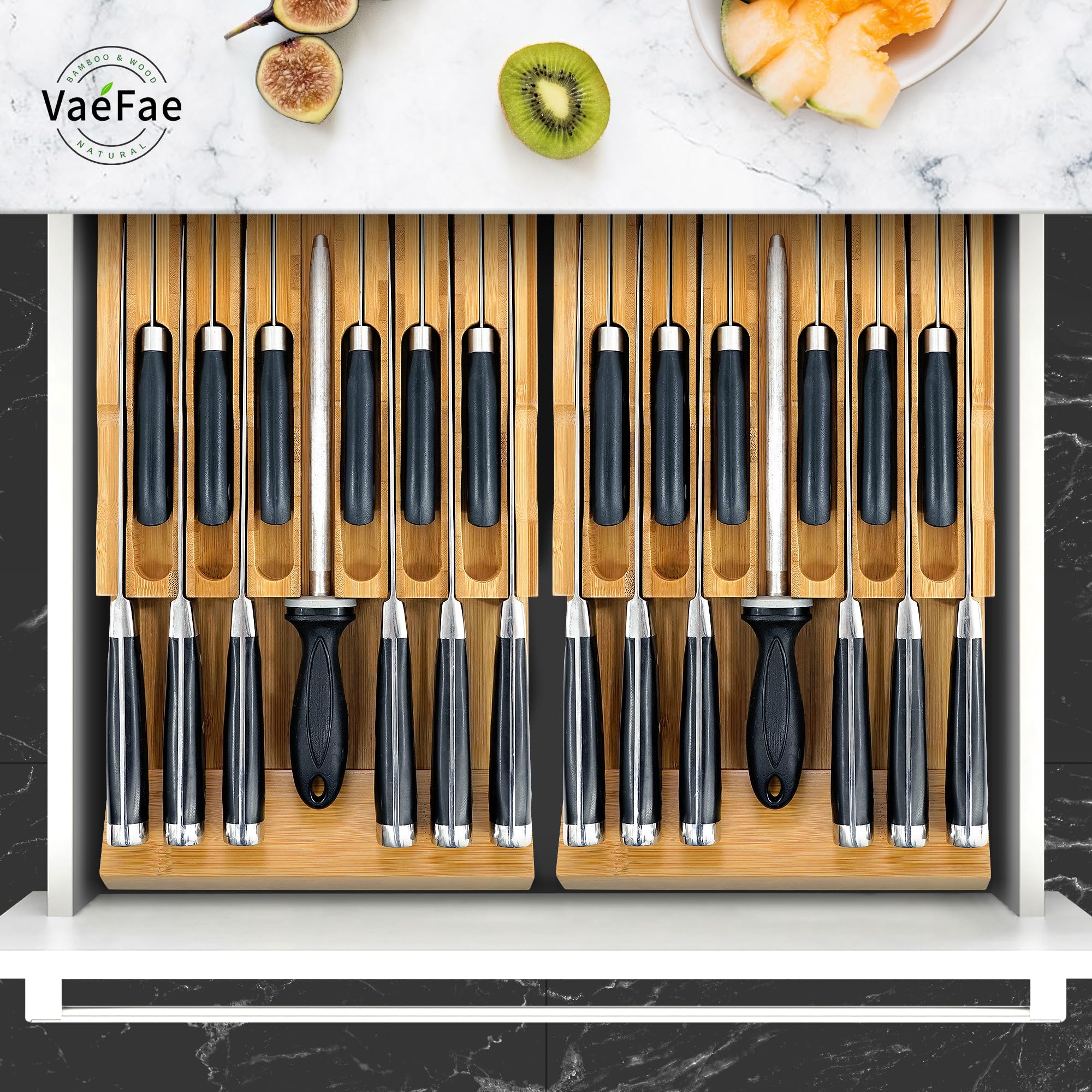 VaeFae drawer block saves space while securely holding knives.