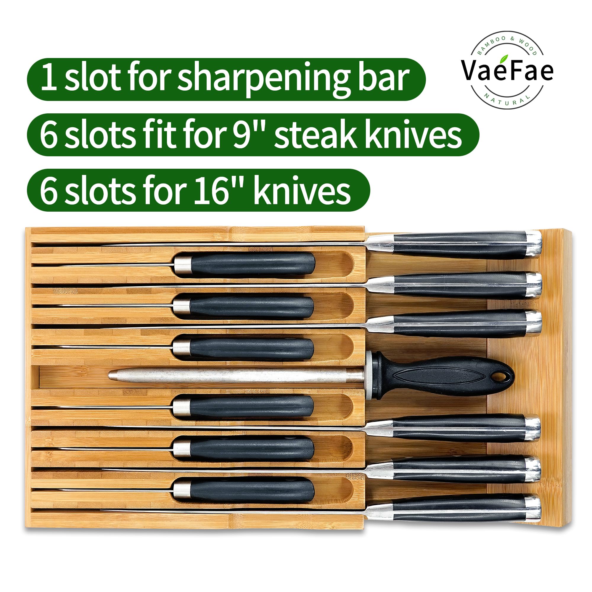 VaeFae knife drawer organizer highlights built-in sharpener slot for quick maintenance.