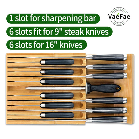 VaeFae knife drawer organizer highlights built-in sharpener slot for quick maintenance.