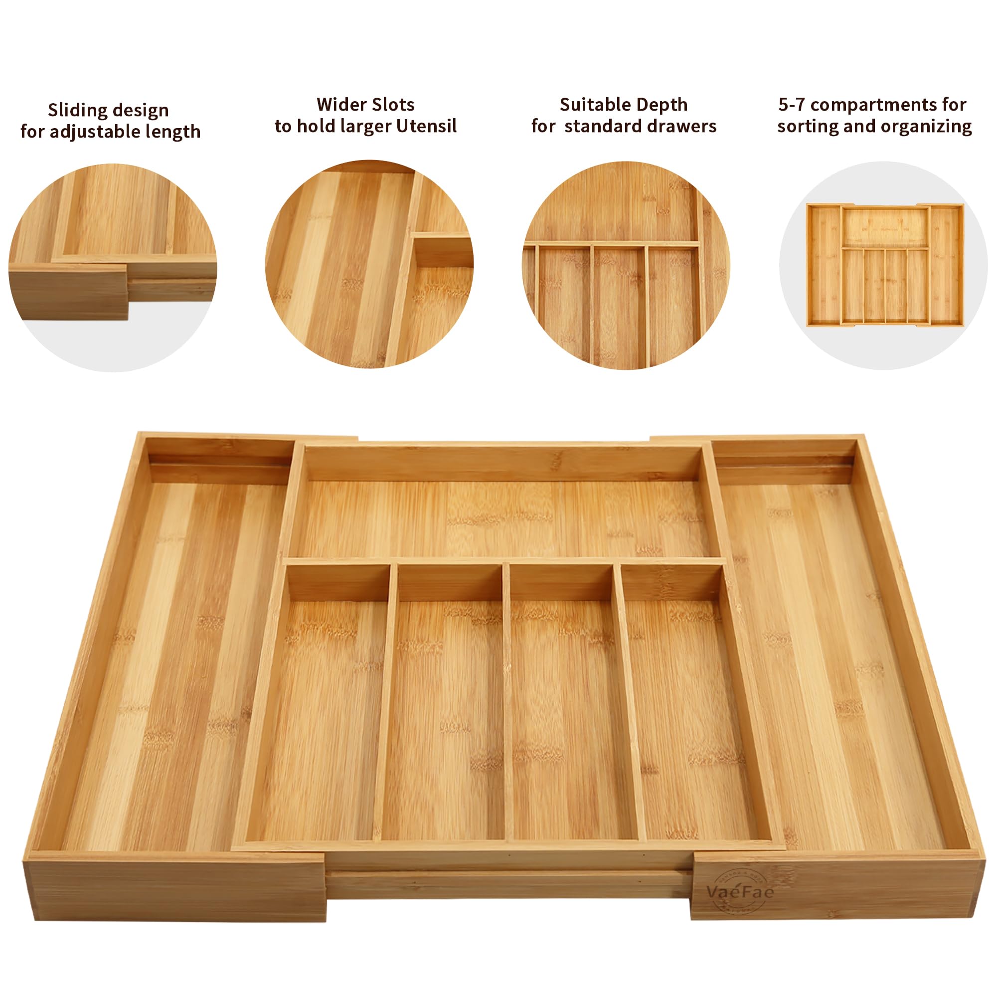 VaeFae organizer with 5-7 large compartments for knives, spoons, forks, and spatulas.