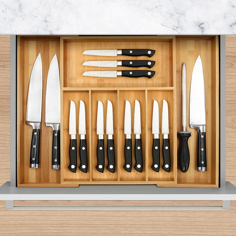 VaeFae expandable silverware drawer organizer expands from 12.6 to 21.6 inches for flexible storage.