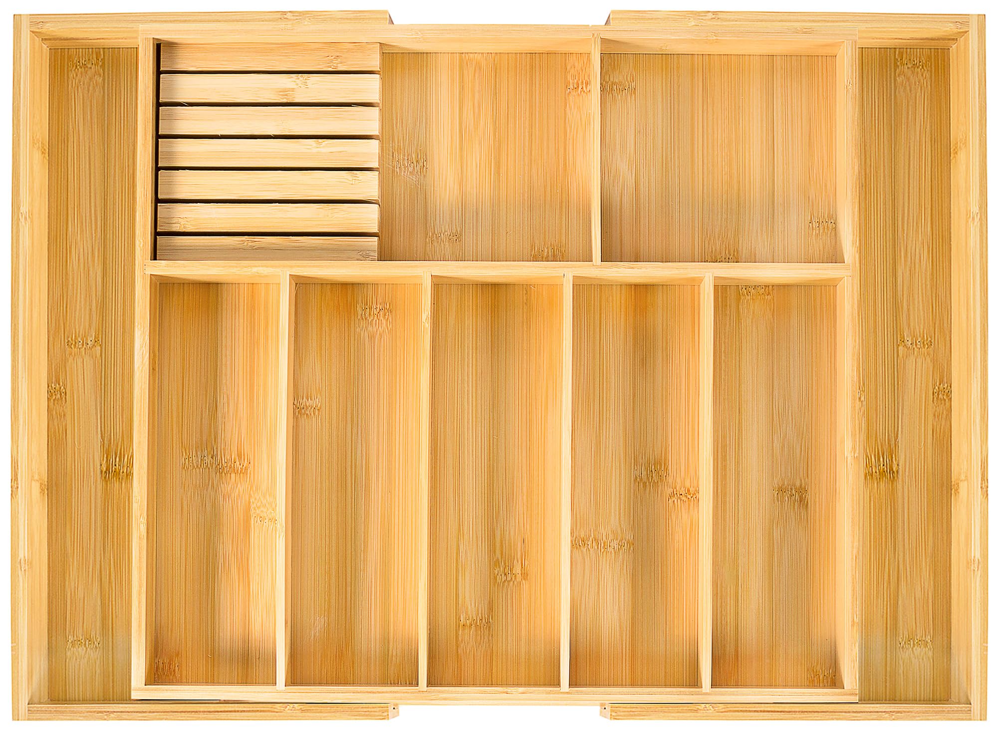 VaeFae extra-large utensil holder in a drawer with expandable width for organized utensils and knives.