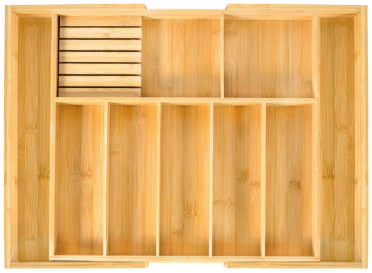 VaeFae extra-large utensil holder in a drawer with expandable width for organized utensils and knives.