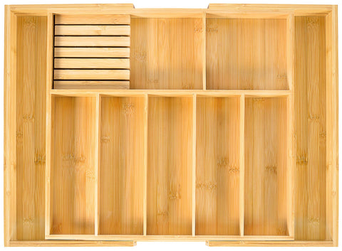 VaeFae extra-large utensil holder in a drawer with expandable width for organized utensils and knives.
