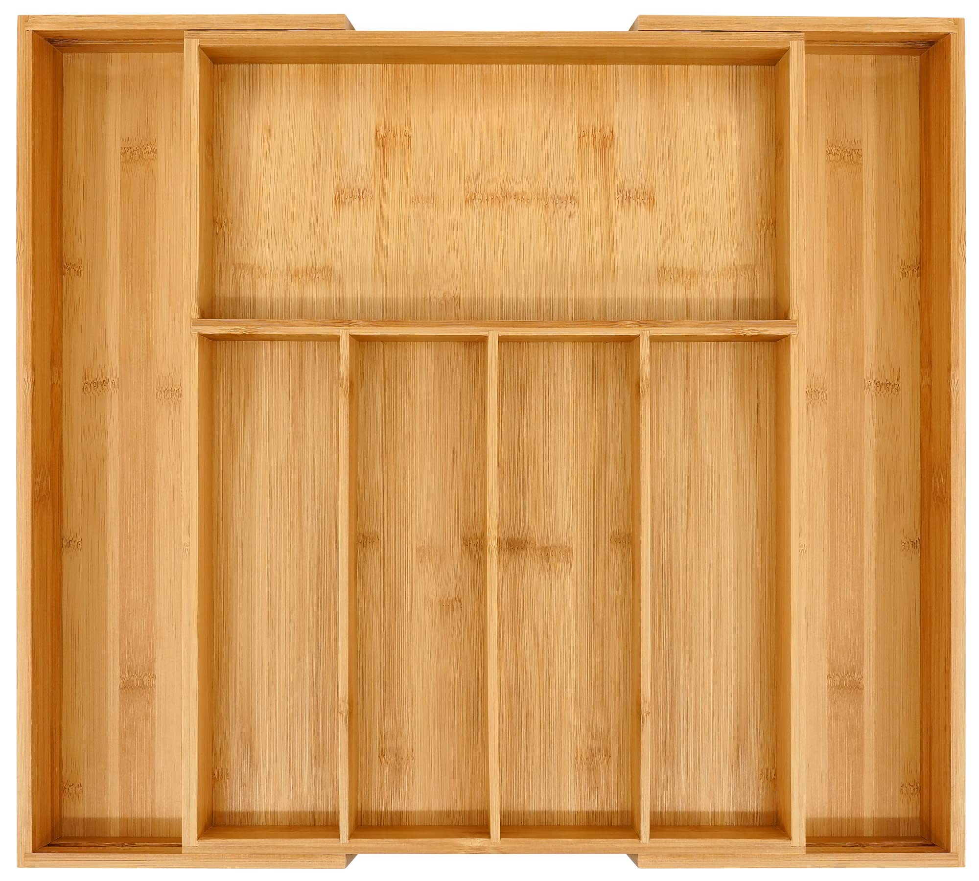 VaeFae Premium Bamboo Drawer Organizer extended to fit large drawers with organized sections.