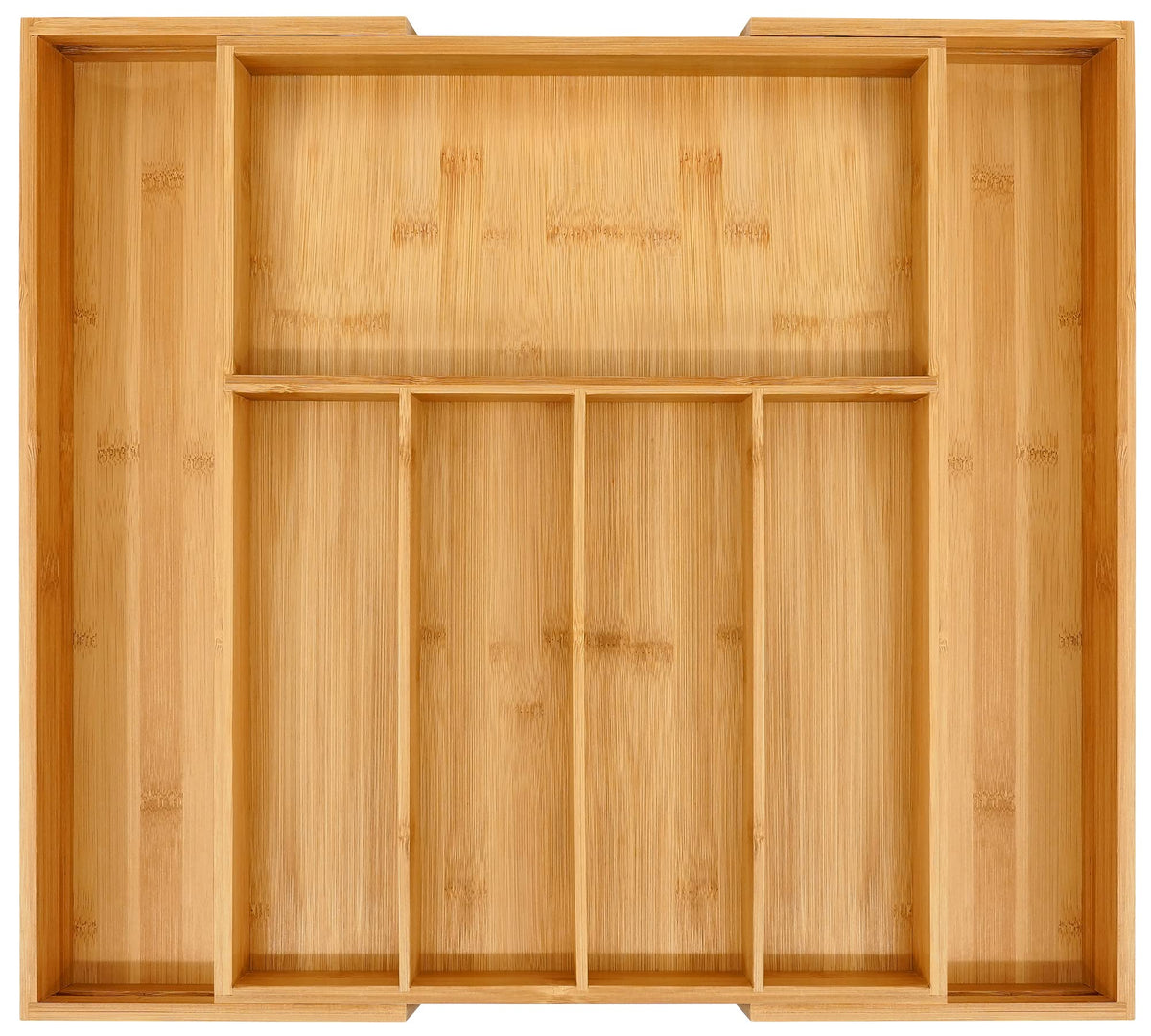 VaeFae Premium Bamboo Drawer Organizer extended to fit large drawers with organized sections.