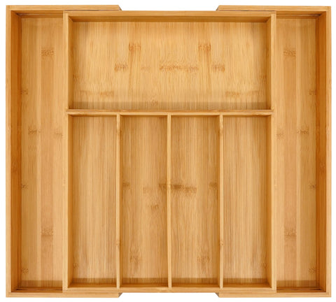 VaeFae Premium Bamboo Drawer Organizer extended to fit large drawers with organized sections.