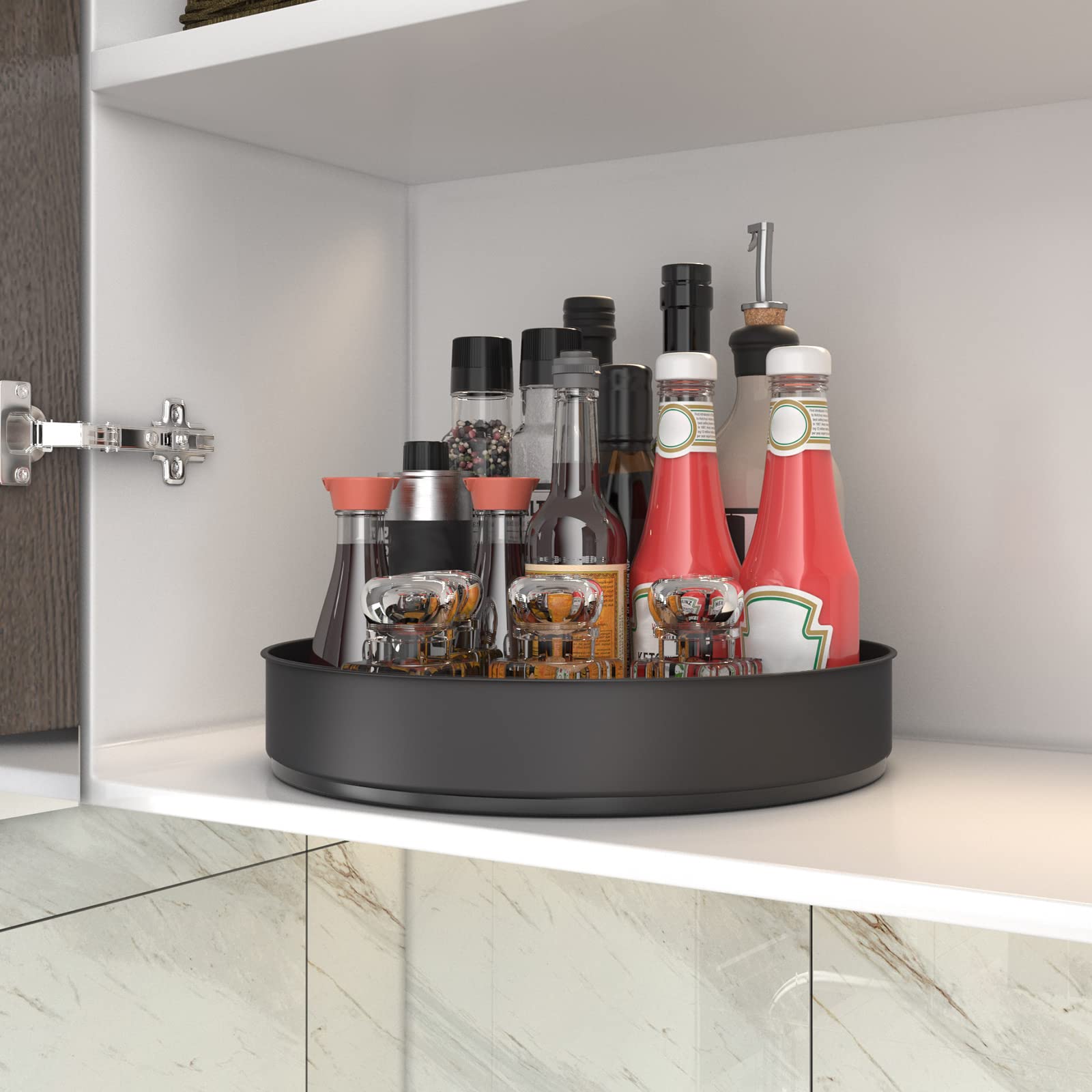 VAEHOLD Lazy Susan fridge organizer makes fruits and beverages easy to grab.