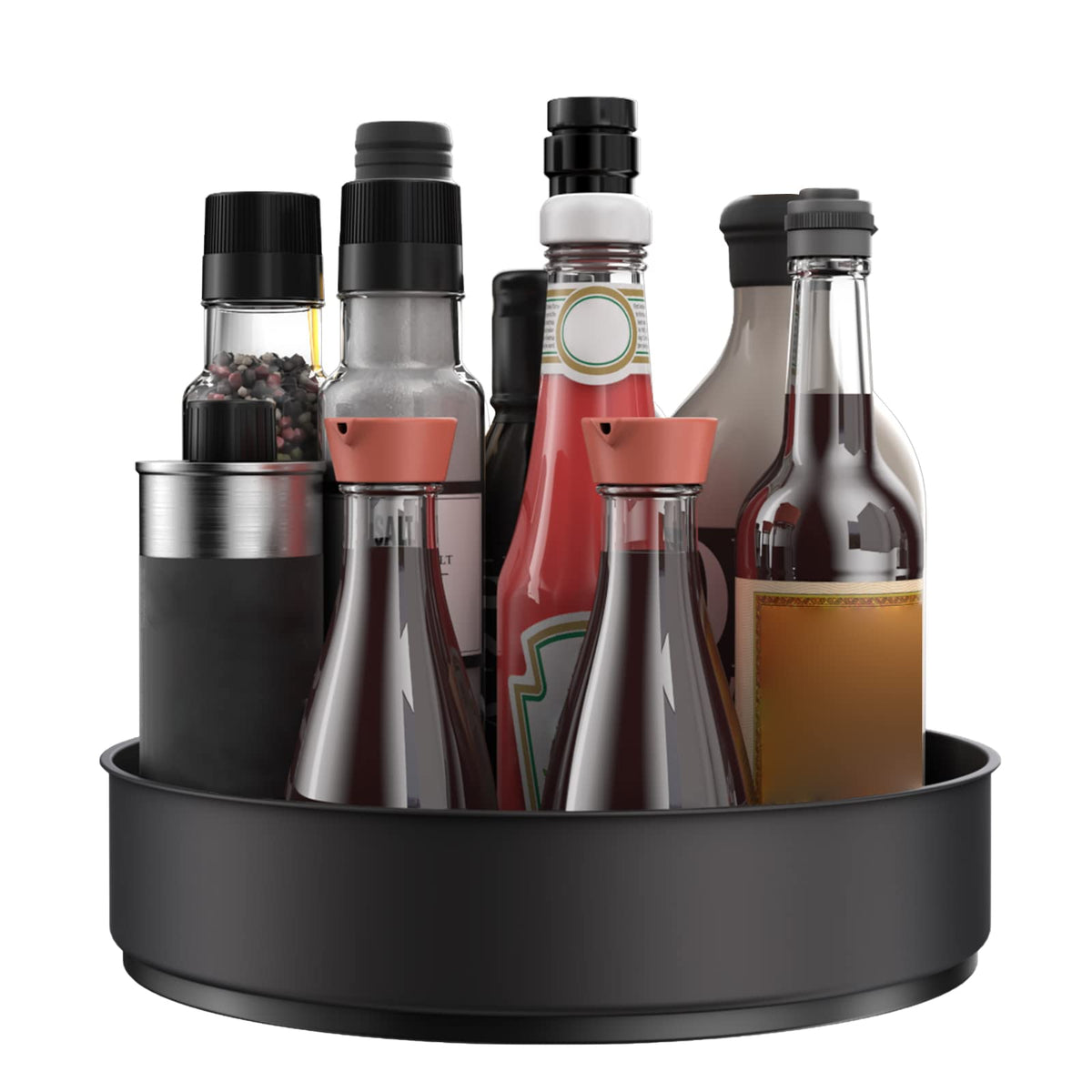 VAEHOLD Lazy Susan stainless steel turntable for spice rack keeps bottles within easy reach.