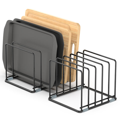 VAEKUCEAN cutting board organizer 5-slot keeps boards neatly stored and easy to access.