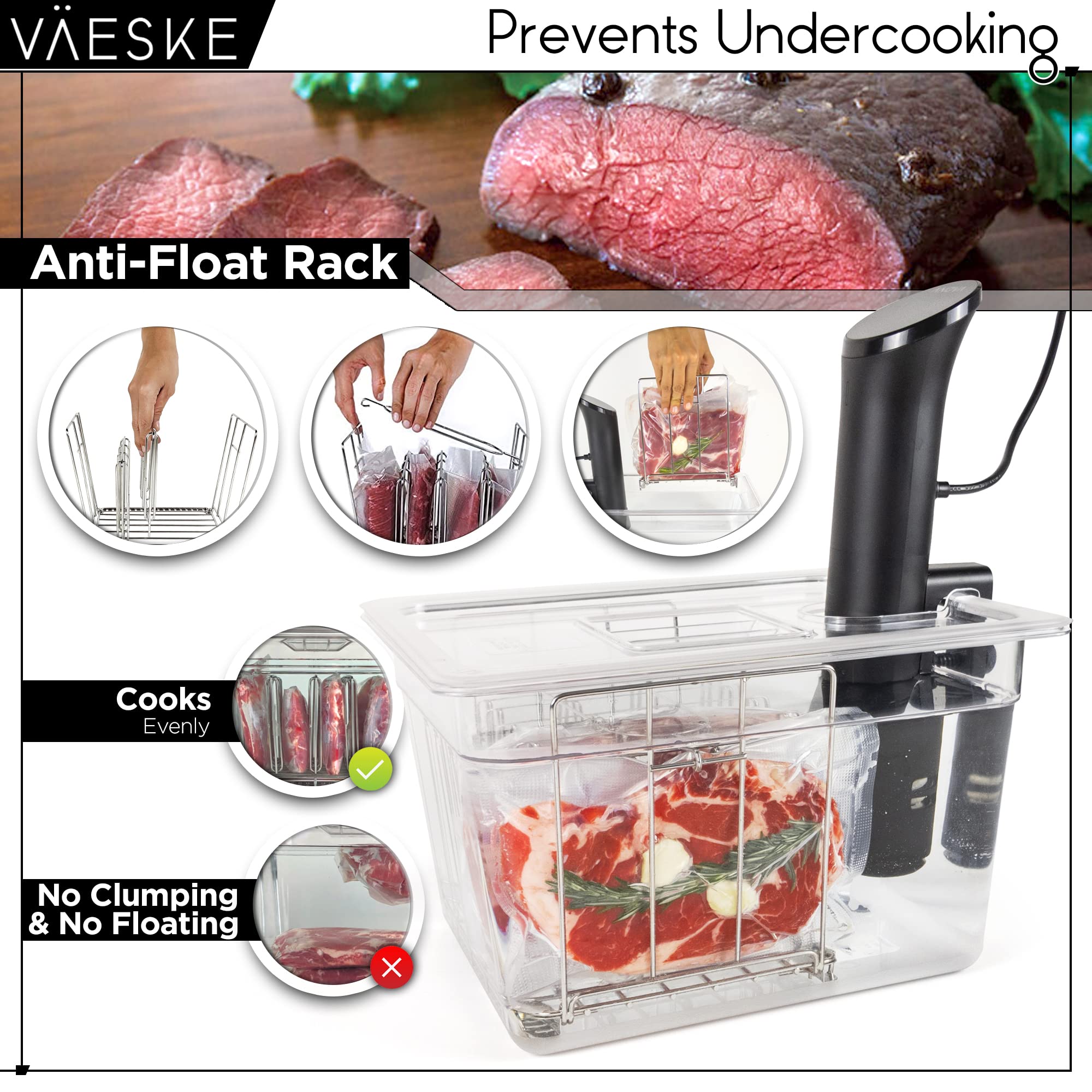 Väeske anti-float rack system keeps pouches submerged for even cooking